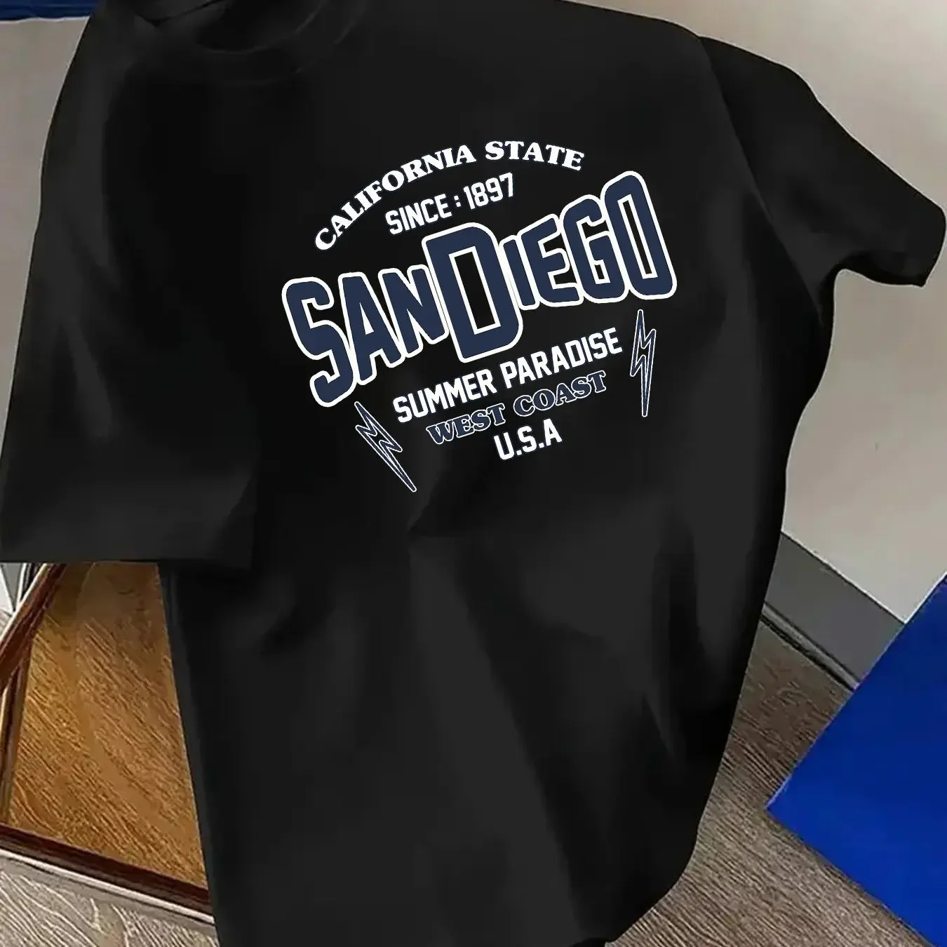 Vintage San Diego California State Letter Graphic Print Men O‑neck Short‑sleeve T‑shirt Grey Loose‑fit Unisex Summer Casual Tops