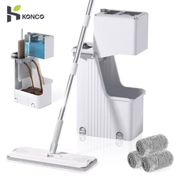 Mop and Bucket with Wringer Set Flat Floor Mop with 4 Washable Pads,Hands Free Squeeze Mops for Floor Household Cleaning Tool