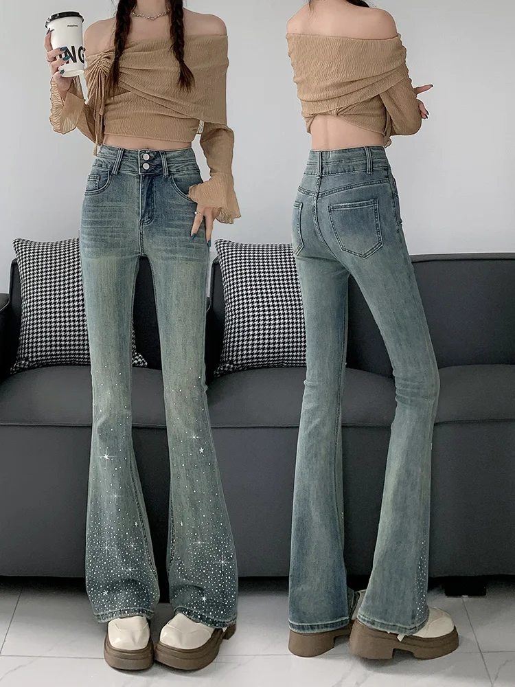 

American Retro Rhinestone Double Button Soft Jeans High Waist Slimming Elastic Pants Women's Spring Summer New Style Flared J...