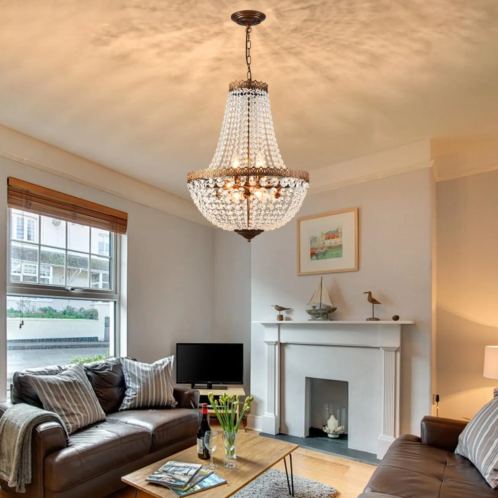 4 Lights French Empire Mini Crystal Chandelier Farmhouse Pendant Lighting, Bronze Finish Ceiling Light Fixture for Dining Room