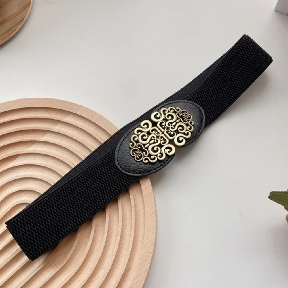 Creative Metal Buckle Women Elastic Band Solid Color Comfortable Elastic Wide Belts Waist Defining Dress Belt Jeans