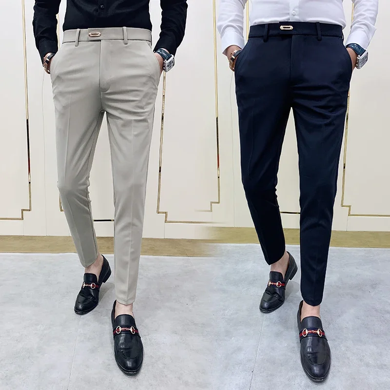 Summer Men Casual Pants  Stretch Slim Straight Classic Blue Black Gray Brand Thin Business Formal Office Trousers Plus Size Men