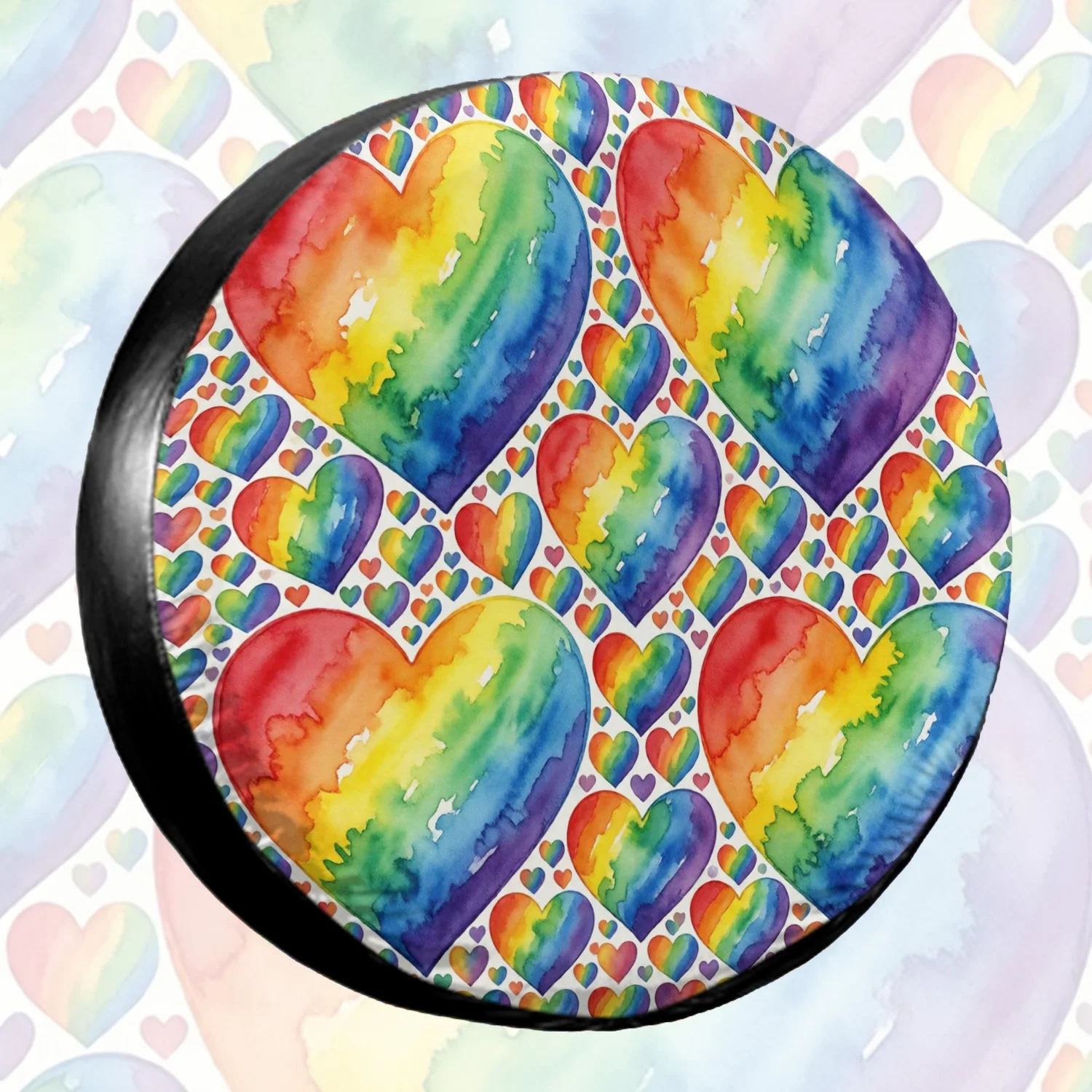1pc Spare Tire Cover Watercolor Rainbow Heart All-Over Pattern Weatherproof Dustproof Wheel Protectors Universal Wheel Covers Fi