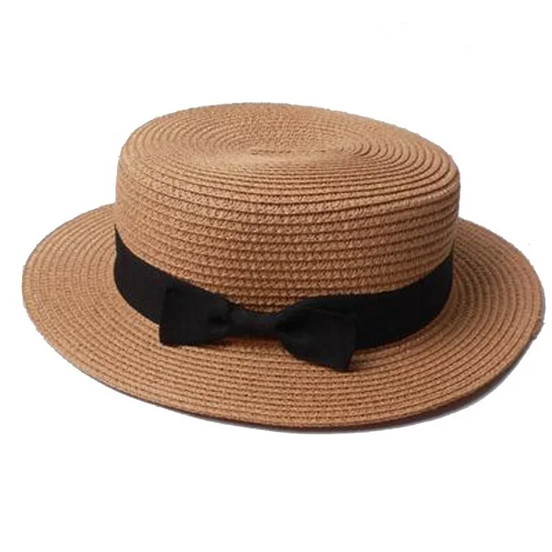 Bowknot Straw Sun Hat Women Summer Beach Hat Girls Ribbon Round Flat Top Hat for Women Caps for Ladies