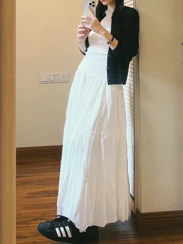 White High Waist A-Line Midi Skirt Women's Summer New Style Spring Autumn Ballet Cake Skirt Soft Comfortable Polyester Fiber