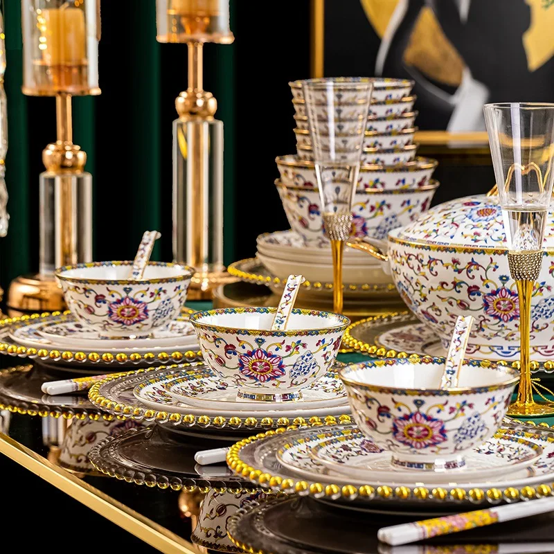 ZML tableware bowls and plates jingdezhen palace style enamel bowls and plates set