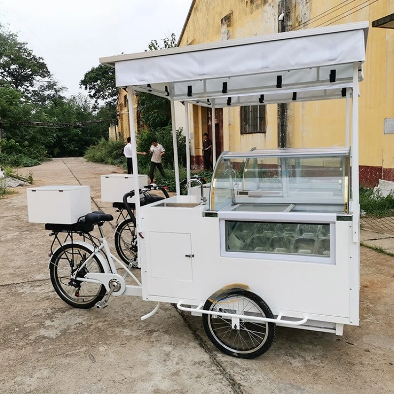 Human tricycle solar powered refrigerator car with water supply system food truck ice cream milk tea truck
