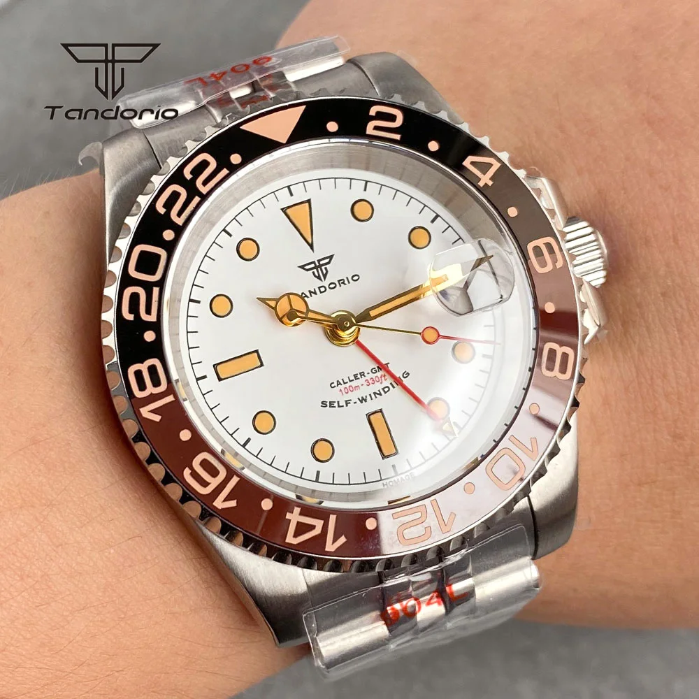 Tandorio GMT NH34 Self-winding 40mm Automatic Steel Watch for Men Sapphire 24H Bezel Date Mechanical Dive Wristwatch Luminous