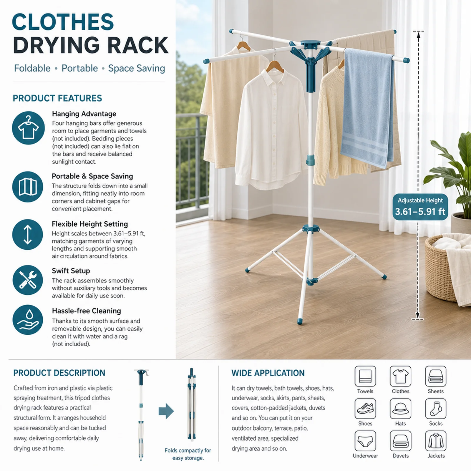 Tripod Clothes Drying Rack Foldable Laundry Rack with 4 Hanging Rods, Adjustable Height 3.61-5.91ft for Indoor Outdoor Balcony, Blue White
