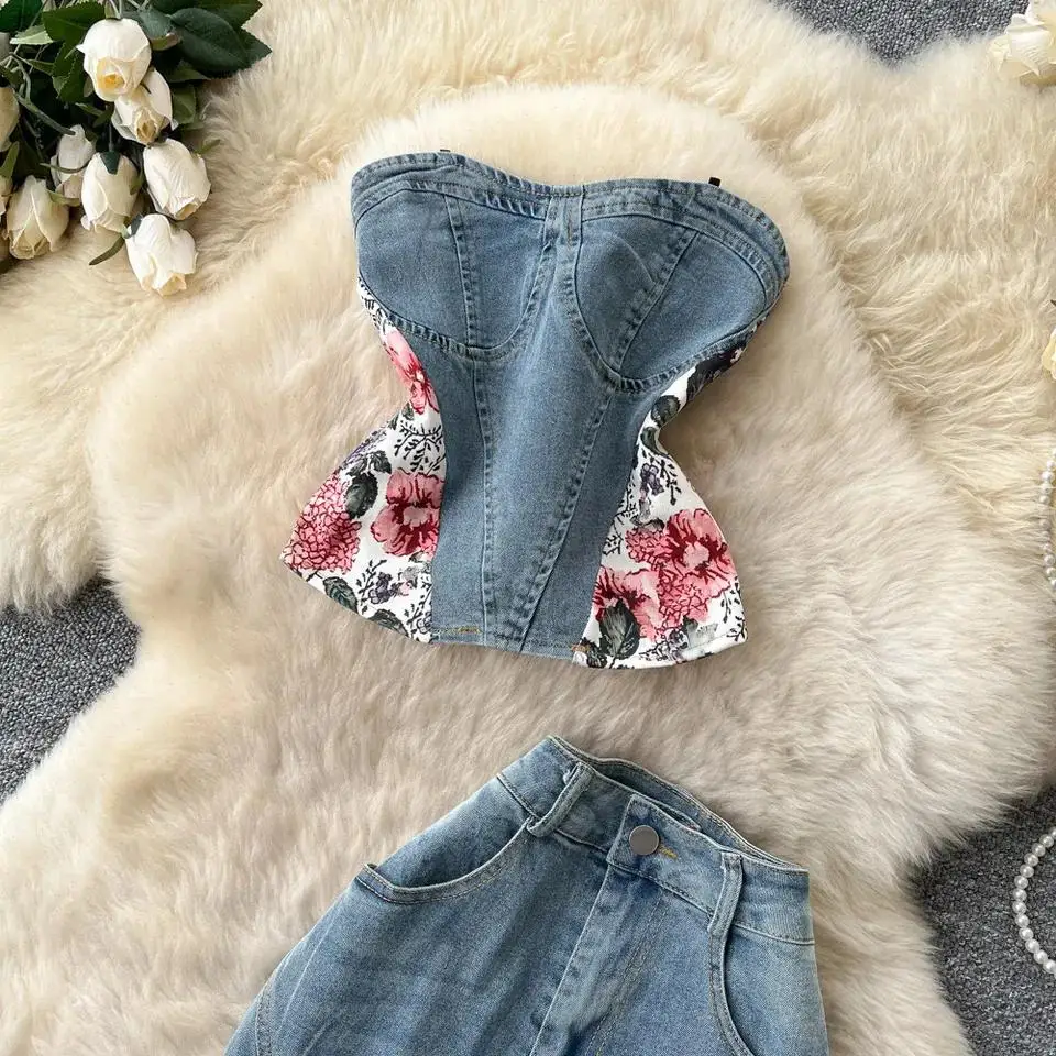 Denim Pant Set Women Two Piece Sets Strapless Tops Elastic Waist Floral Bootcut Pants Y2k Streetwear Vintage Washed 2026 summer