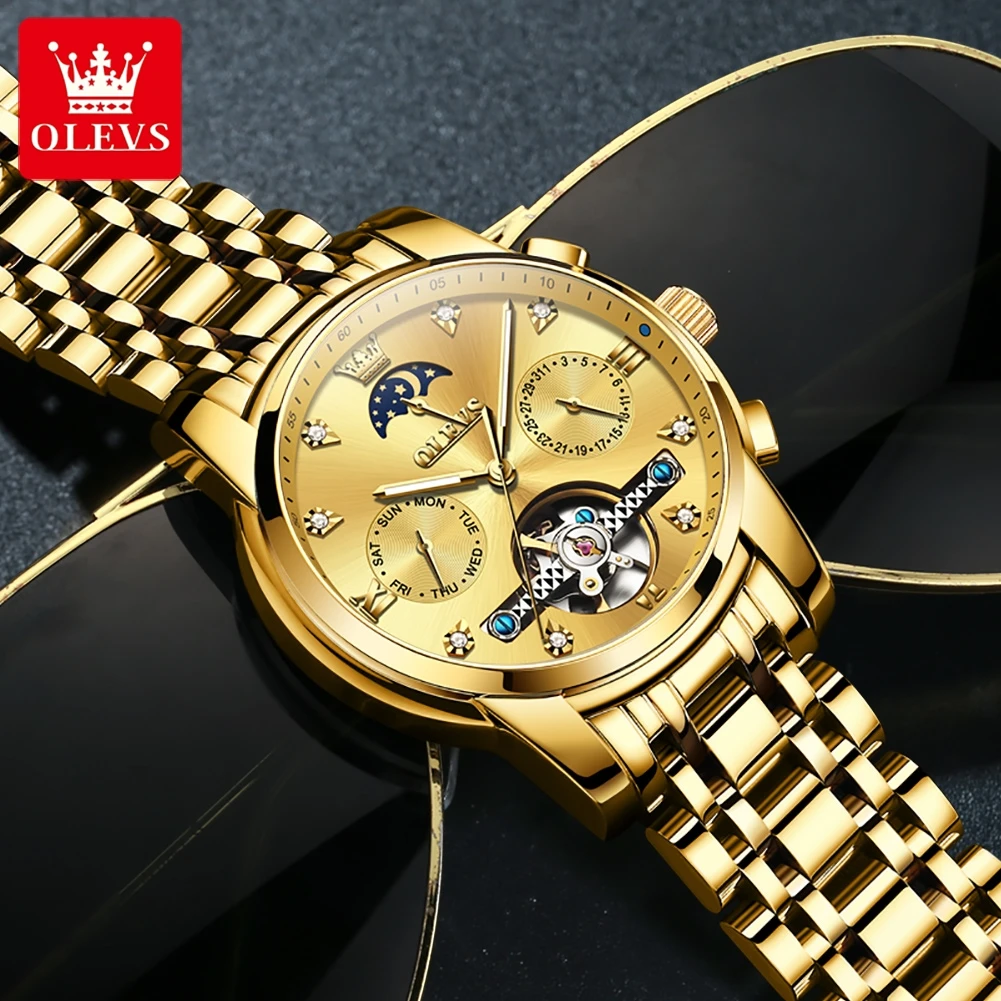 ساعة OLEVS توربيون ذهبية فاخرة للرجال بحزام من الفولاذ المقاوم للصدأ مقاومة للماء لمرحلة القمر ساعات آلية عصرية للرجال #3