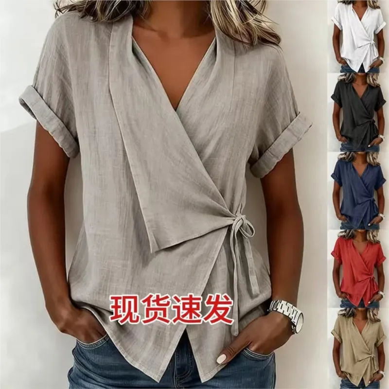 2026 Spring And Summer New Women's Blouses Casual Solid Lapel Tie Irregular Loose Short-sleeved Shirt T-shirt Women Clothing view 2