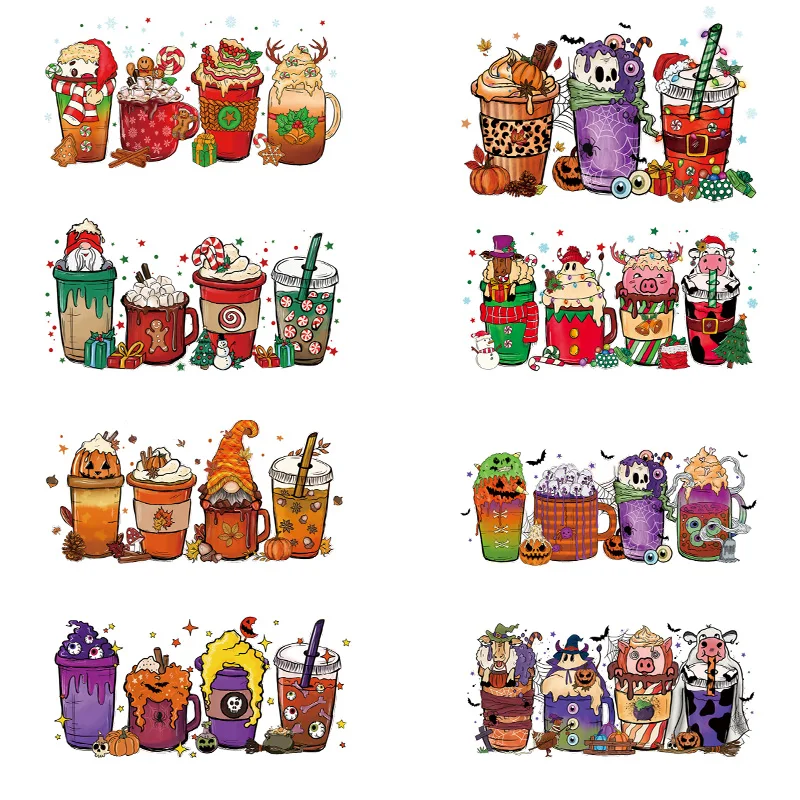 8piece Cartoon Halloween Christmas Passing through the cup DIY Iron On Transfers Stickers Ready To Press For Clothes Couple