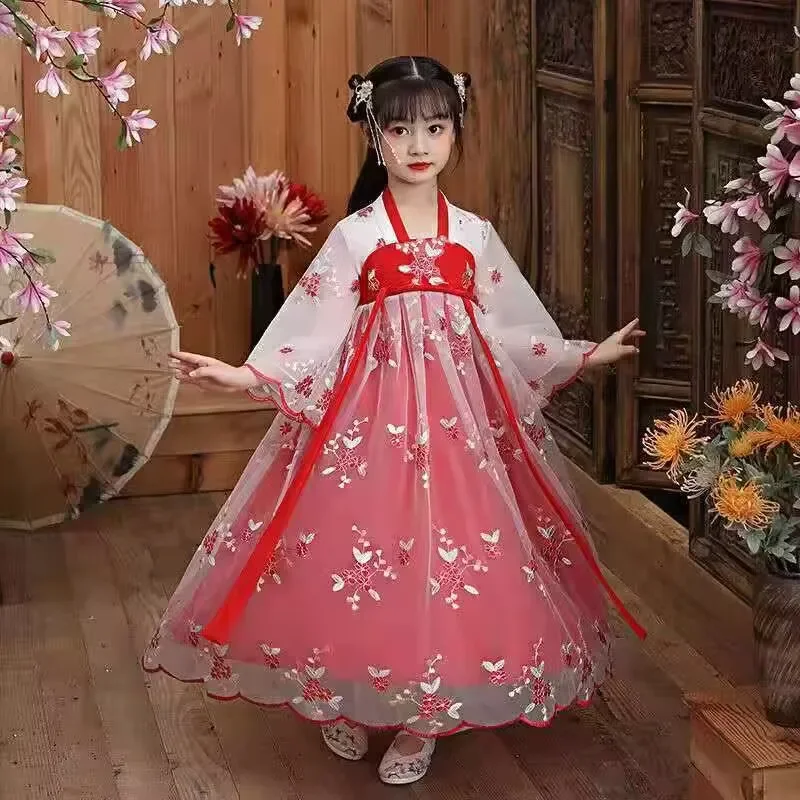 New Hanfu girls Spring Autumn child costume dress flower girl cherry blossom Tang princess dress traditional Chinese style kids