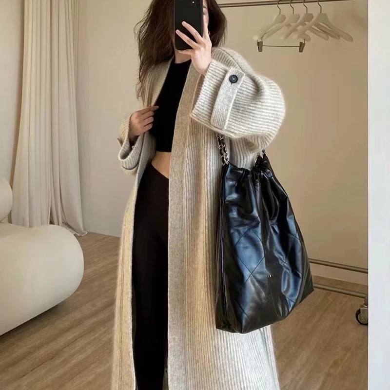 Long Sleeve Knit Sweater Cardigan Loose Long Coat Autumn Winter Women Clothing Casual High Street Vintage Simple Oversize Thick