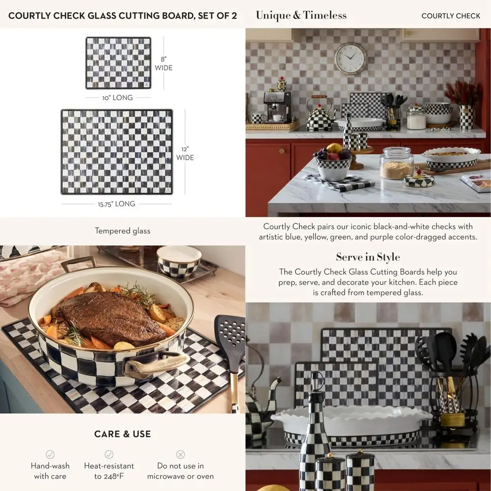 

Large Black-and-White Checkered Tempered Glass Cutting Board Set, 2-Piece