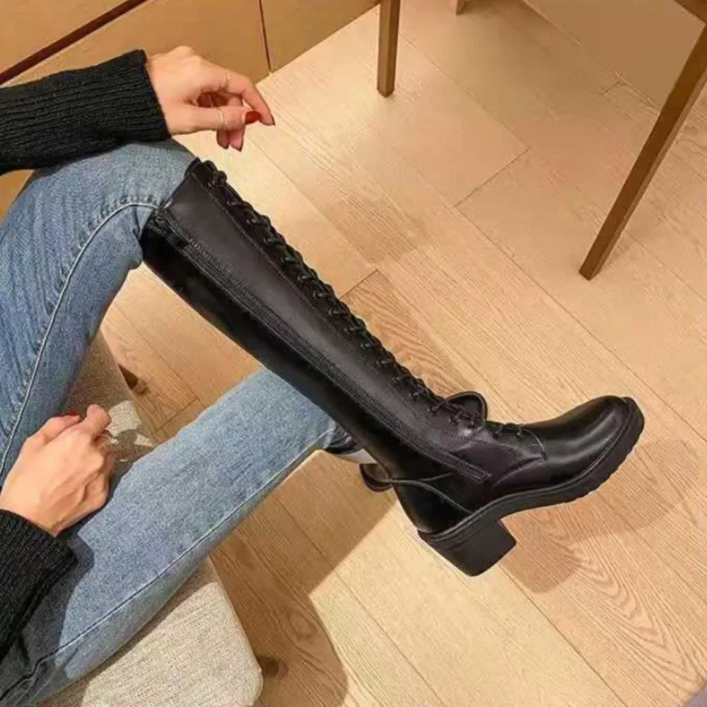 Elegant Heeled Women's Long Boots With Laces Spring 2024 Lace-up Heels on Promotion New In Gyaru Pu Ladies Knee High Shaft Shoes