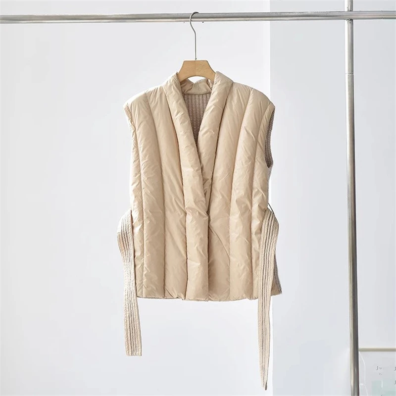 2024 winter new women\'s wool knitted stitching white duck down thin down vest high quality y2k fashion casual sleeveless vest