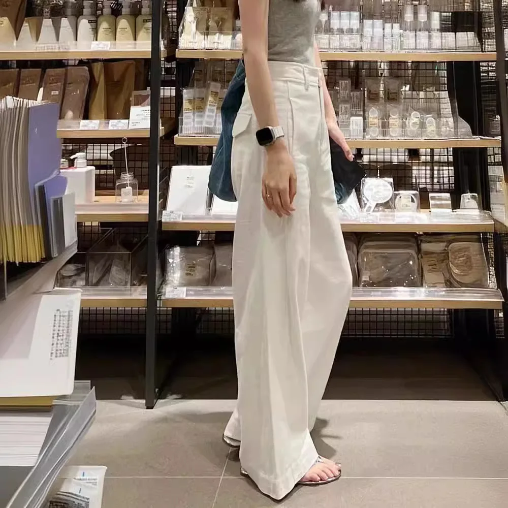

2025 Spring New Pure White Cotton Linen Wide Leg Pants High Waist Straight Leg Casual Loose Summer Trousers For Women's Wear
