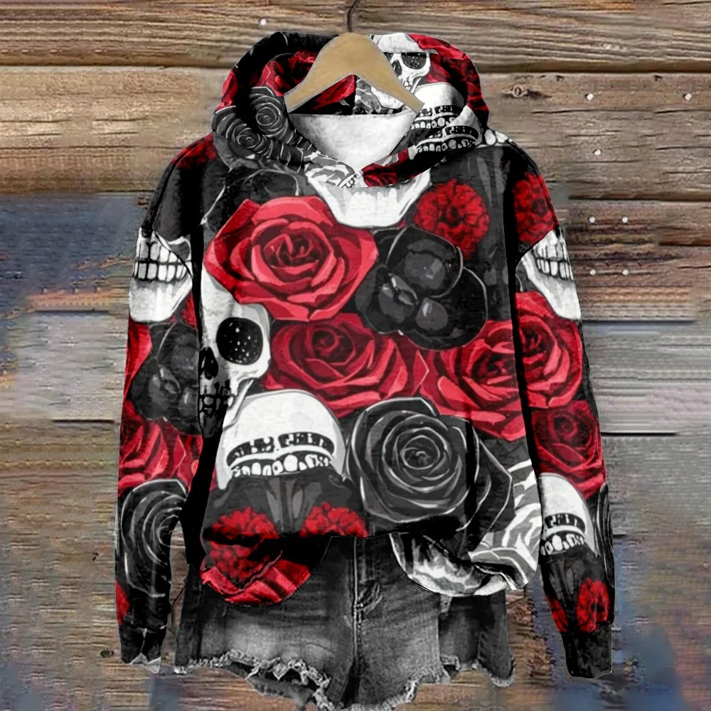 سويت شيرت نسائي بغطاء للرأس ثلاثي الأبعاد للهالوين مع طباعة رأس جمجمة للاستخدام اليومي والمتعة في الهواء الطلق #2