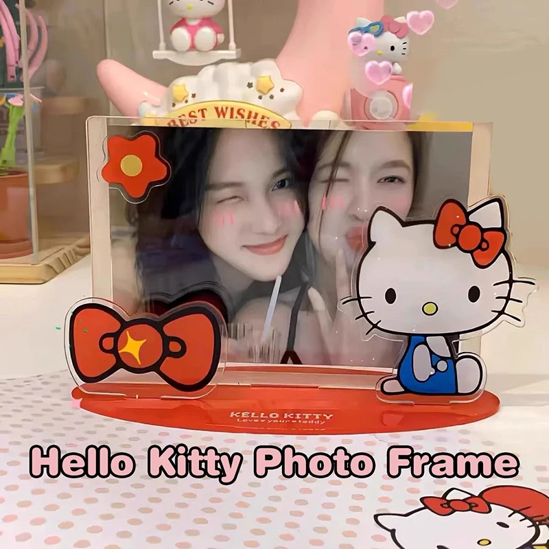 Kawaii Hello Kitty Standing Picture Frame Sanrio KT Cat Acrylic Ornament Girl Plaque Suitable 5 Inches Anime Desktop Decor