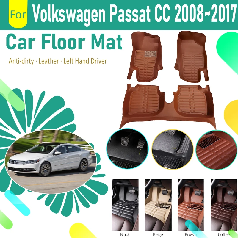 Car Floor Mats For Volkswagen CC VW Passat CC 2008~2017 Leather Pad Foot Cover Left Hand Driver Carpets Car Interior Accessories