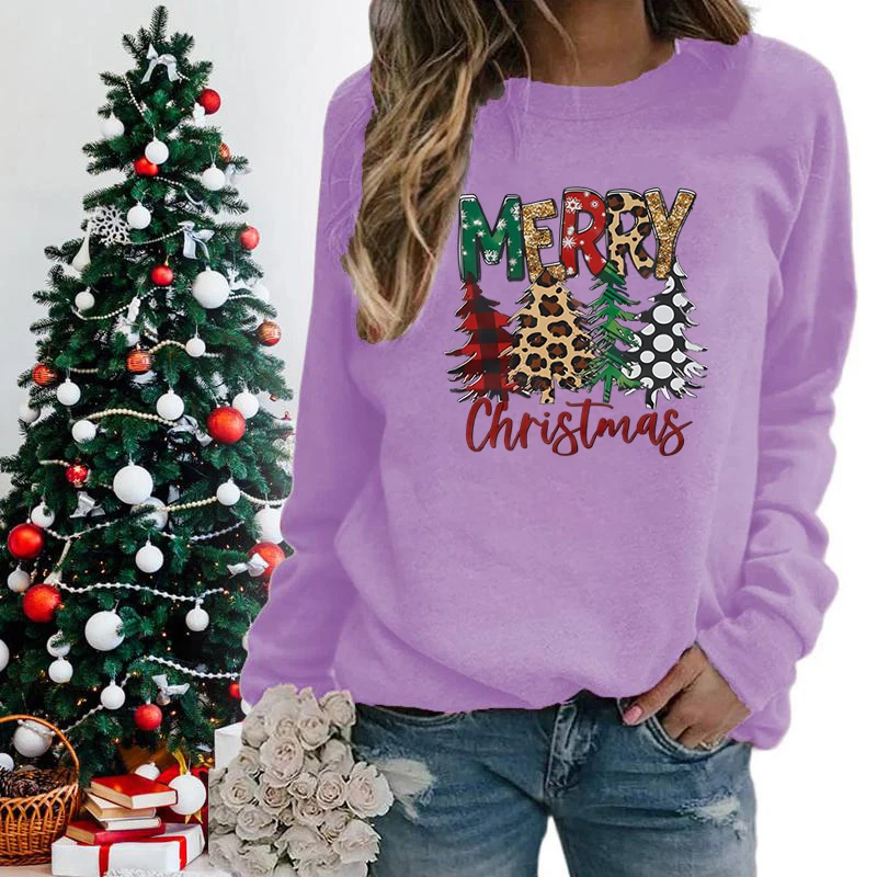 Christmas Trees Merry Christmas Sweatshirts For Women Crew Neck Long Sleeves Winter Fashion Ladies Xmas Gifts Sweatshirts