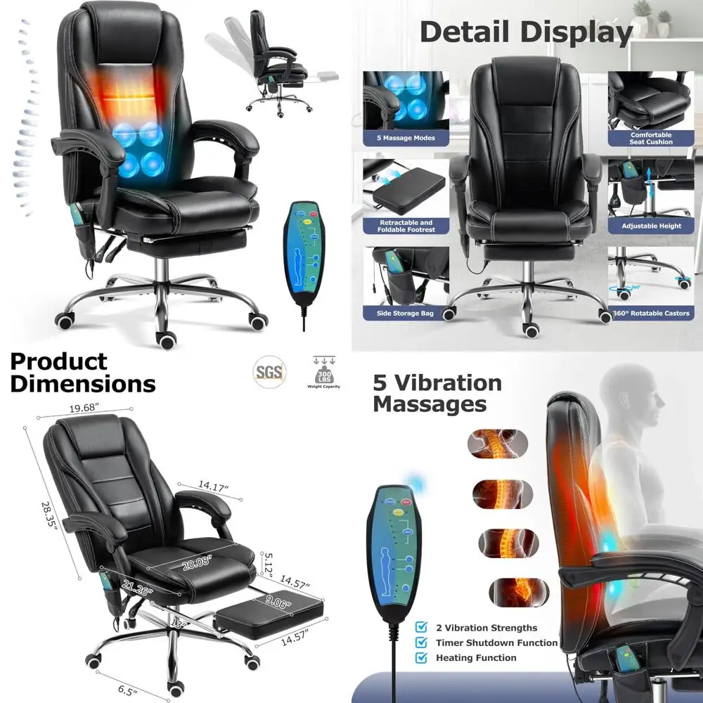 

Эргономичное массажное кресло с высокой спинкой и откидной спинкой, подставкой для ног, подогревом и вибрацией для удобного офисного использования