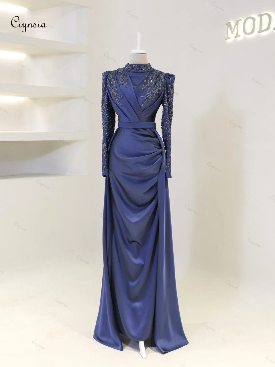Ciynsia Abendkleider Islamic Muslim Evening Dresses Woman Elegant Mermaid Beaded Satin Long Sleeve Formal Dress Vestidos De Gala