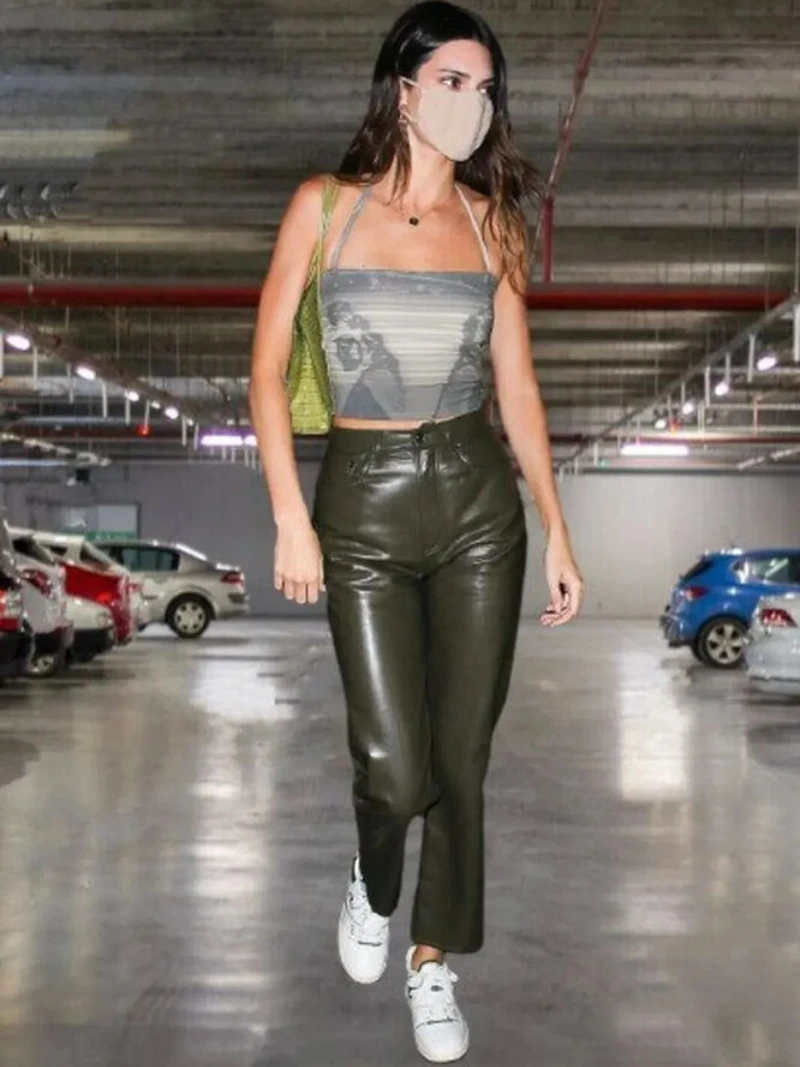 

Women Leather Pant Green Leather Trouser Lambskin Leather Pencil Pant Streetwear Women