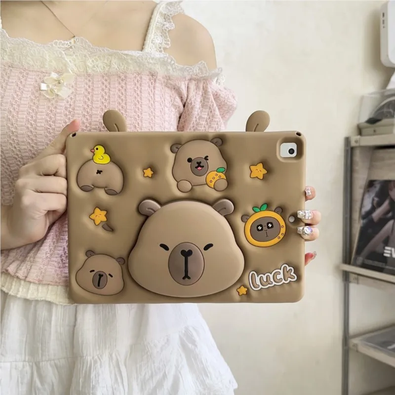 For IPad 9 8 7th Child Case for IPad Air 2 3 4 5 10.9 2022 Mini 6 Pro 11 Cute Kapibara Telescopic Bracket Tablet Protective Case