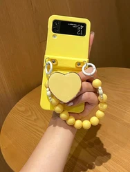 For Samsung Galaxy Z Flip 6 5 4 3 5G F7110 F7070 Unique Heart Stand Holder Pearl Wrist Phone Case Cover