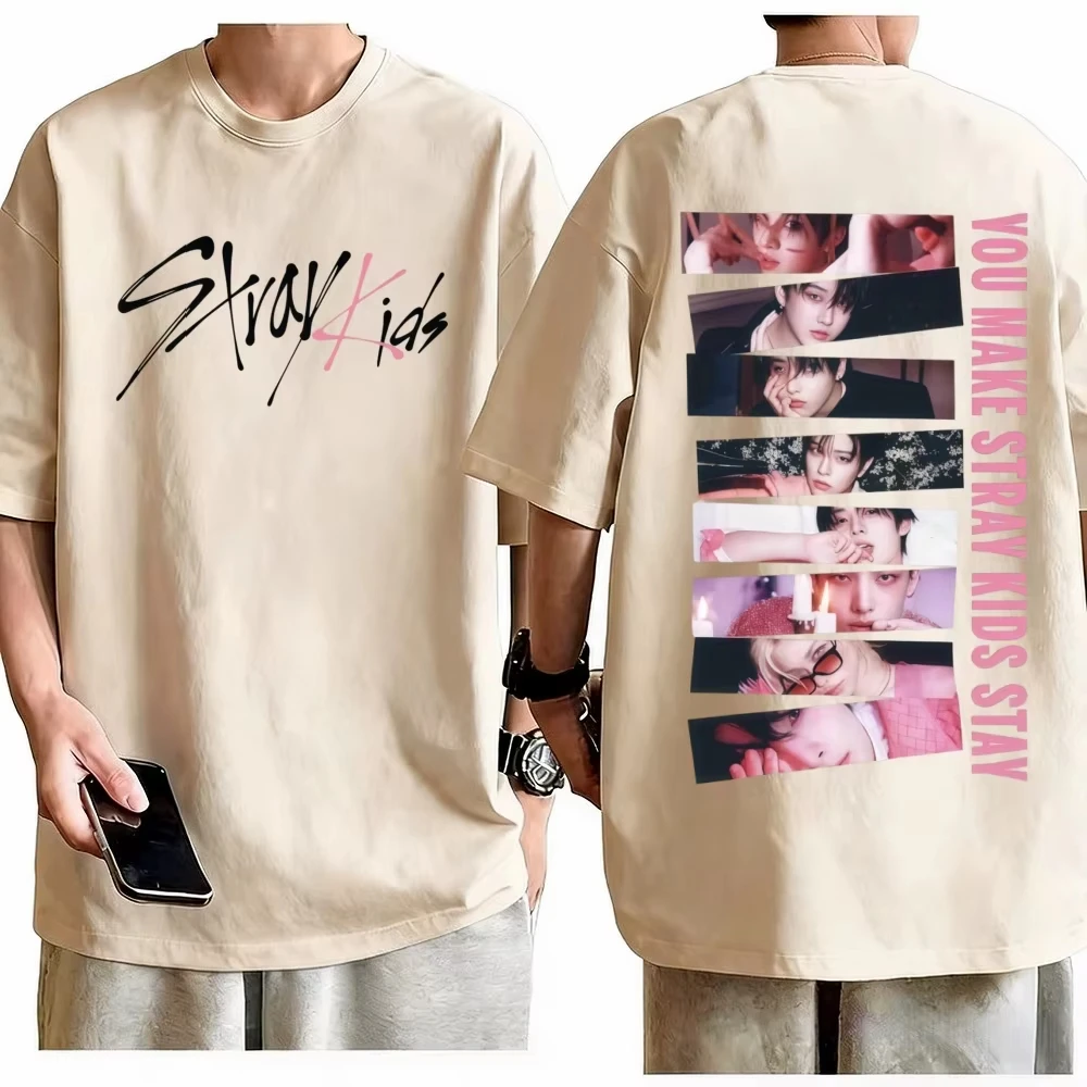Unisex Stray Kids Karma Double Sided Grunge Style Collage T-Shirt K-Pop Graphic Tee Beige Cotton Oversized Crewneck for  Fans