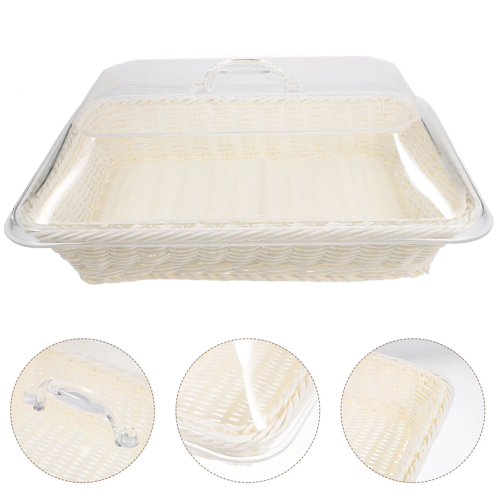 

Woven Bread Basket Transparent Lid Acrylic Kitchen Storage Tray Serving Bread Cake Fruit Freshness Preservation Basket