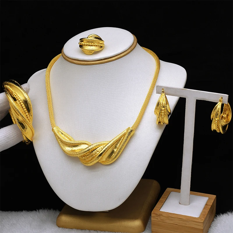 Brasilianisches vergoldetes Schmuckset für Frauen Dubai Indische Afrikanische Halskette Ohrringe Braut Hochzeit Party Geschenk Schmuck