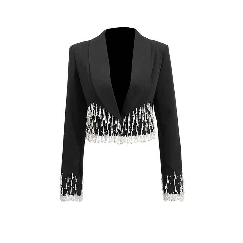 ZOCI سترة نسائية عصرية بشراشيب لؤلؤي تصميم فريد من نوعه سترة نسائية للمكتب معاطف بياقة مدببة لصيف 2025 نمط جديد