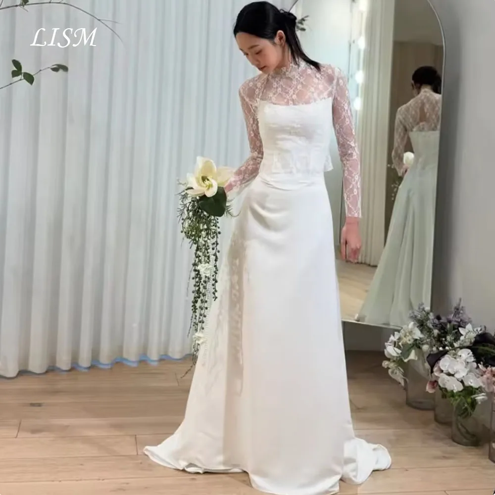 

LISM Vintage Lace Korean Wedding Dresses High Collar Long Sleeves Bridal Party Gown Customized A Line Wedding Snap Gown 2026