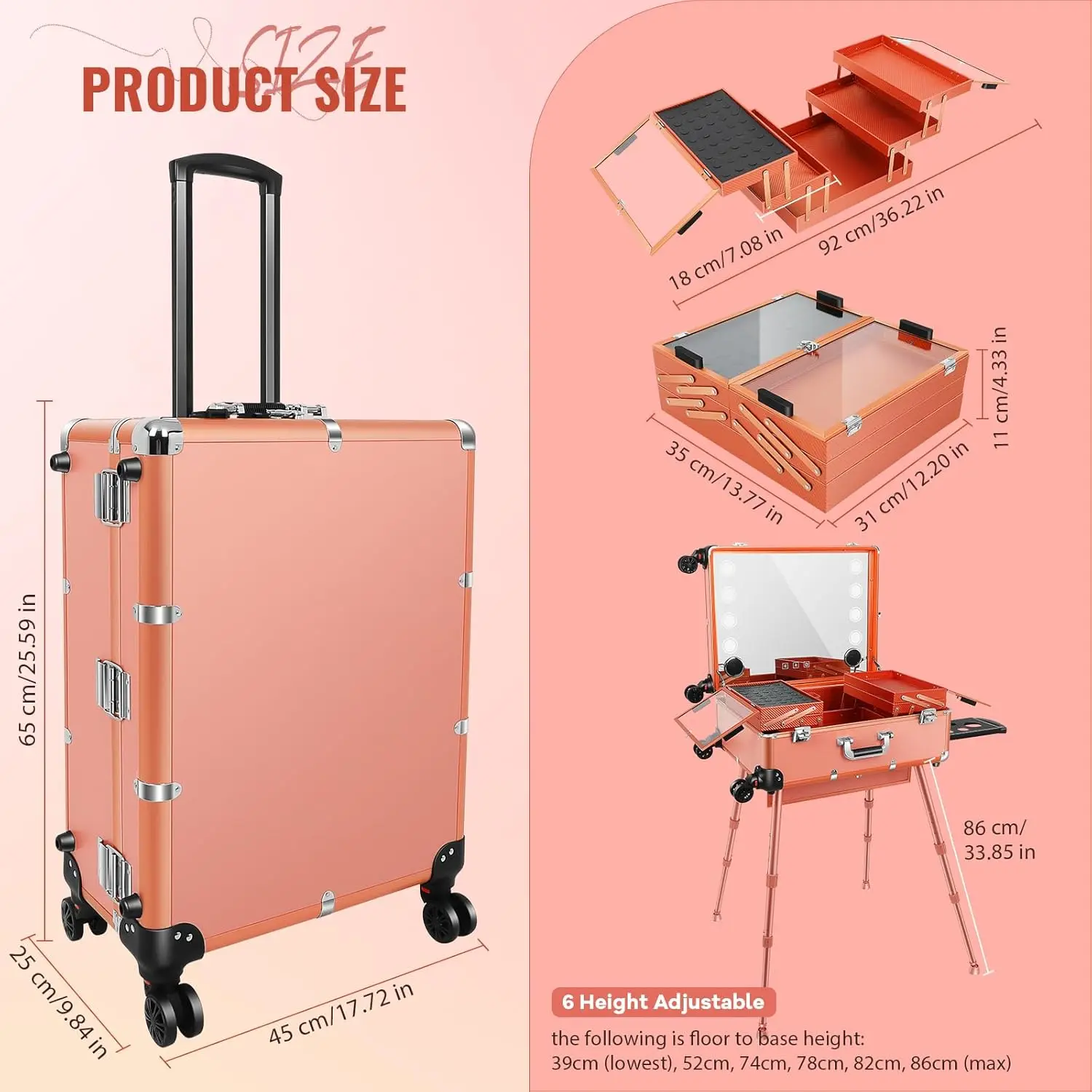 Trolley Makeup Train Case with 8 LED Light Rolling Cosmetic Organizer Studio Speaker Make up Artist Studio Free Standing Box wit