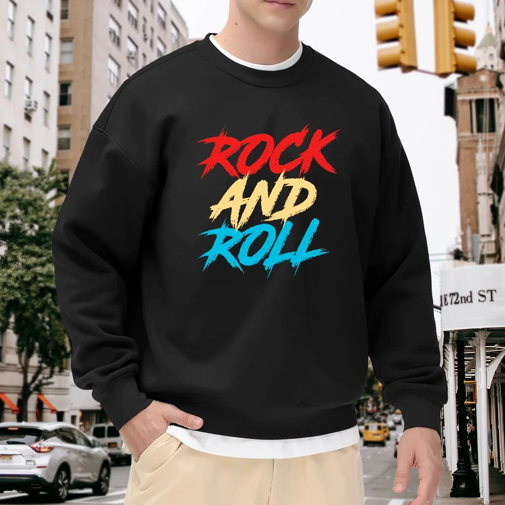 

Men's Black Crew Neck Pullover Sweatshirt with Contrasting Rock and Roll Letter Print, Street Fashion Loose Top, Versatile for Daily Casual and Sports Wear, Comfortable and Breathable Polyester Fabric