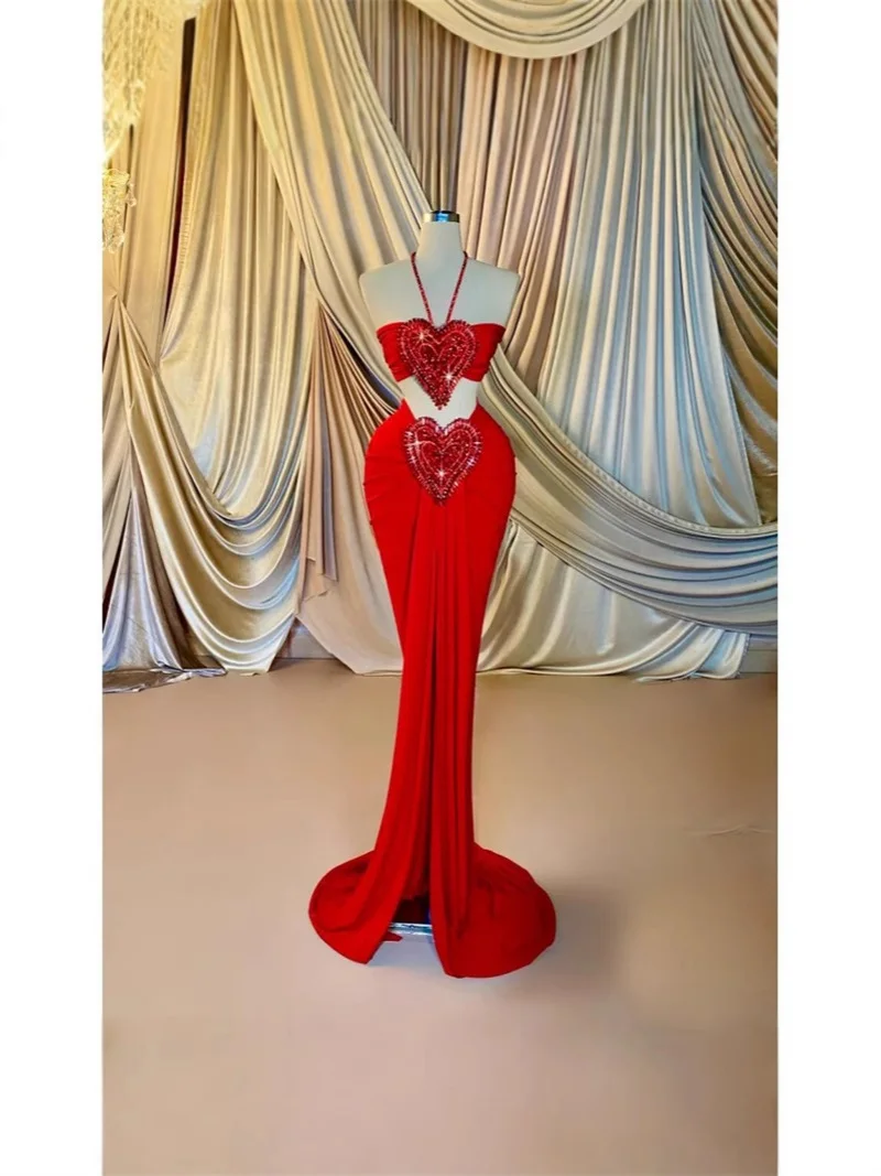

Christmas Red Prom Dress 2 Pcs Love Crystals Sexy Halter Top Bra+Long Party Gown Holiday Formal Wedding Birthday Guest Robe
