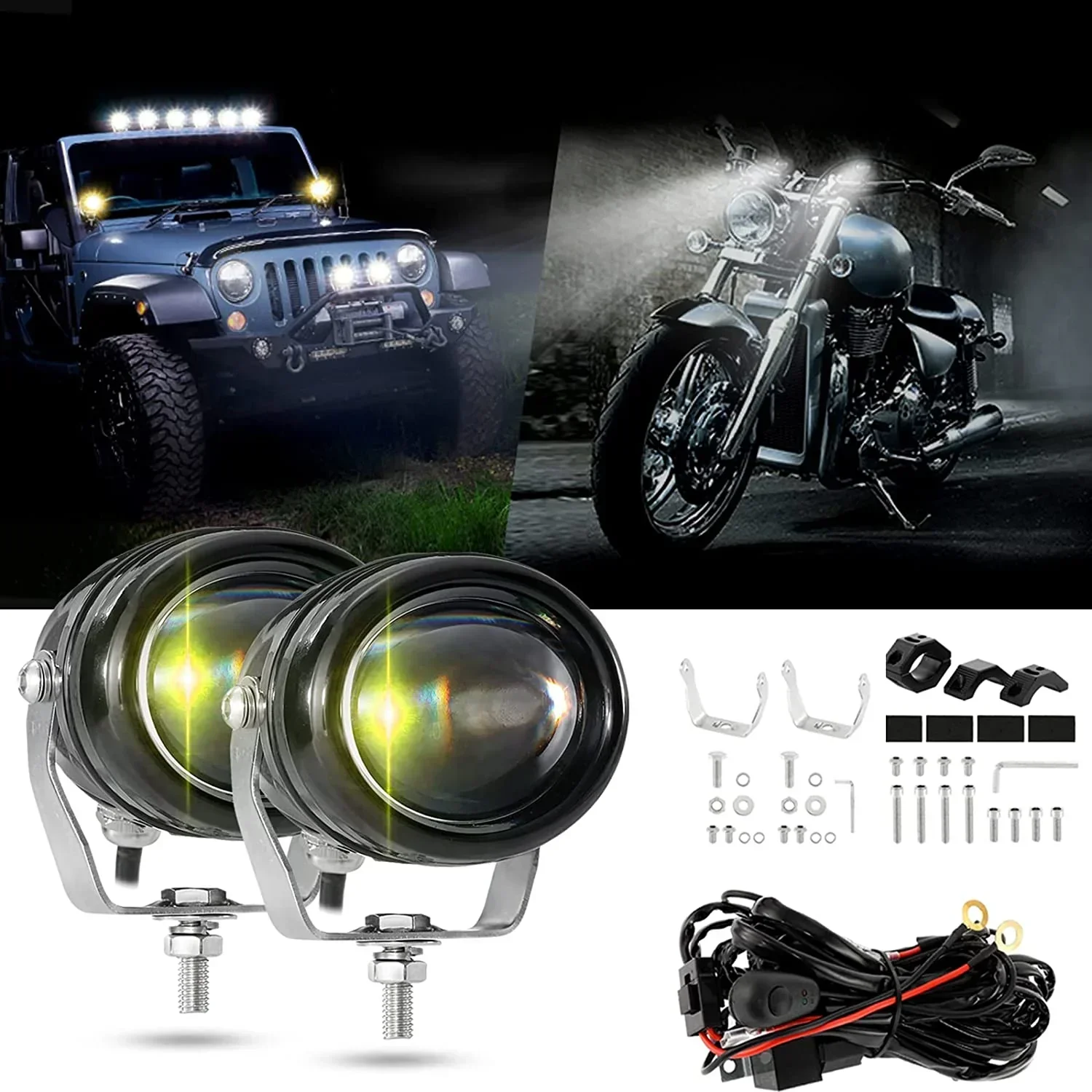 

AUXBEAM 3 INCH LED Driving Lights with Auto & Motor Bracket & Wiring Harness 6 MODES WHITE & AMBER Universal Work Light