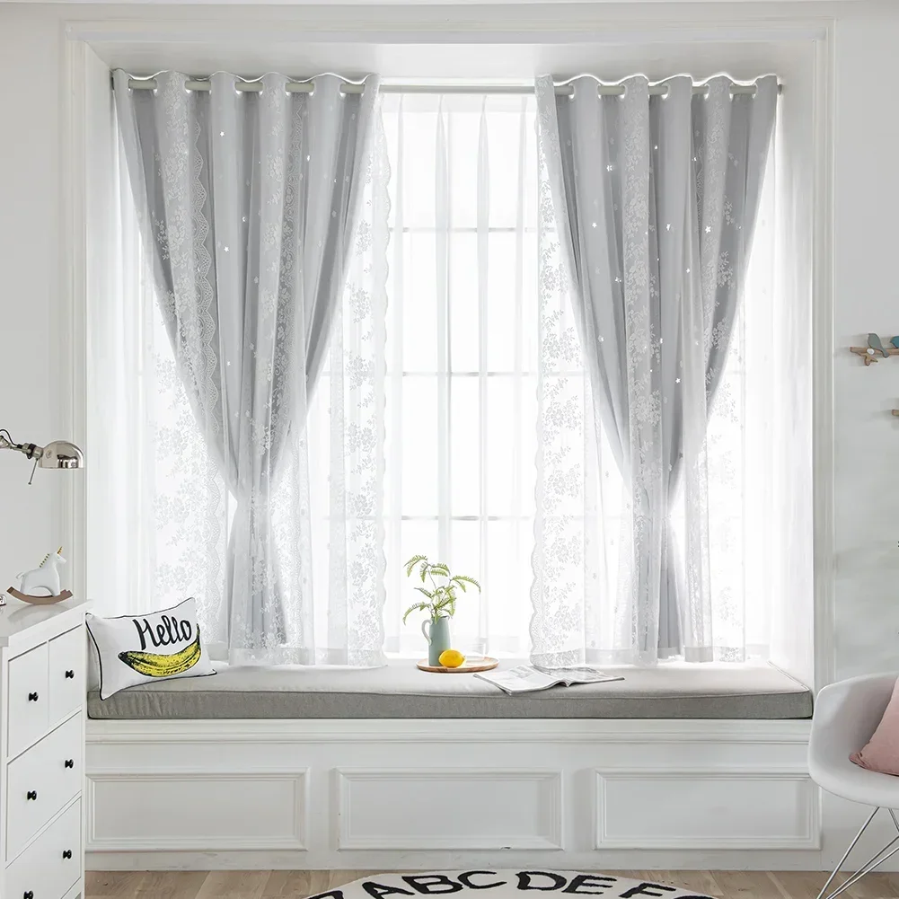 LEEJOOM White Lace Curtain Embroidered Blackout Short Curtain Drapes for Kitchen Bedroom Bay Window Blinds 1PC