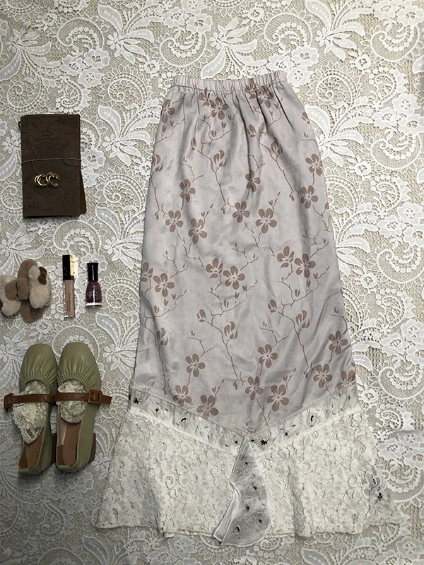 

Original BaoYao Girl Lace Patchwork Midi Skirt Women's Summer Vintage Retro Sle Commute Korean Version Polyester Cotton Blend