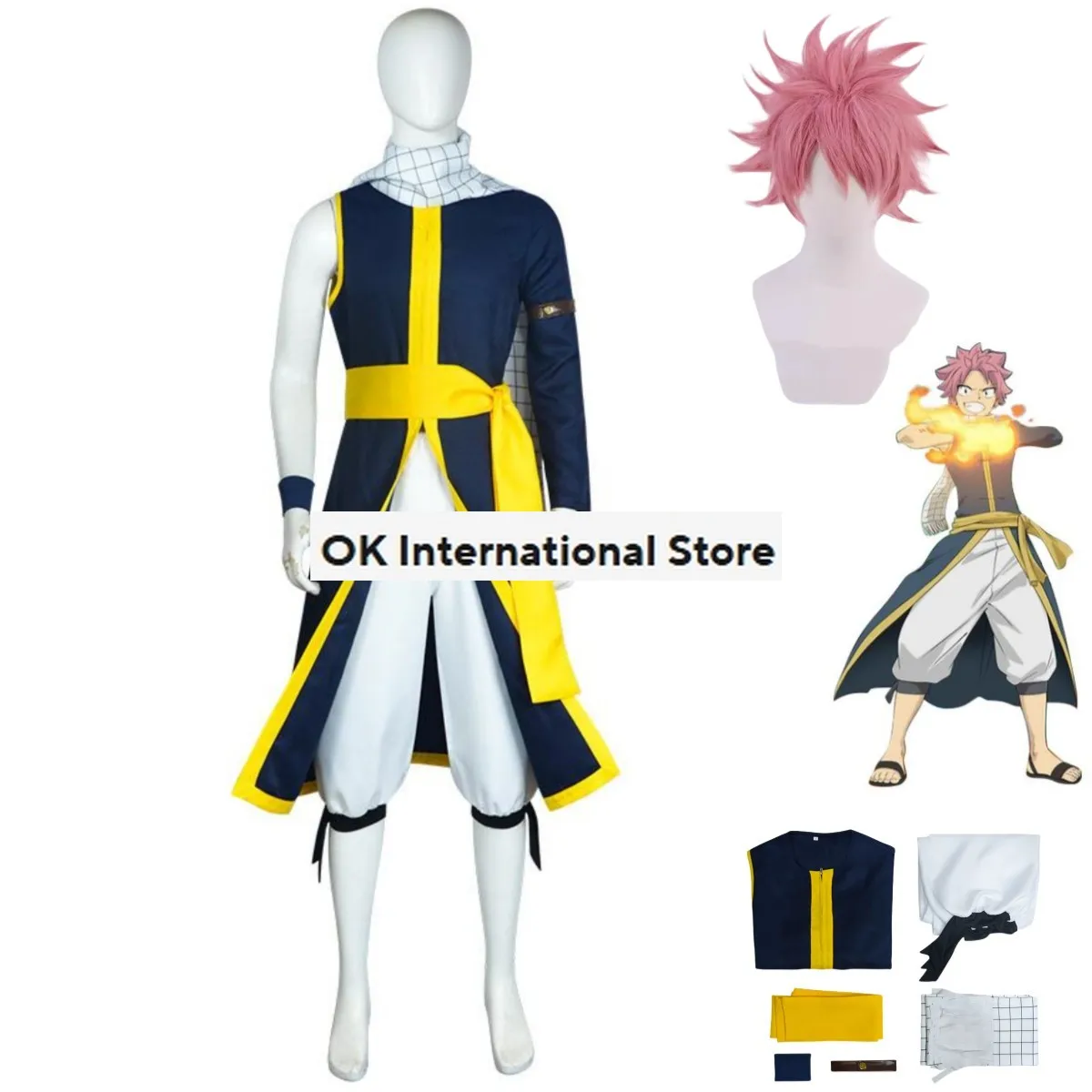 Fato de Cosplay Anime de Fairy Tail Masculino, Natsu Dragneel Etherious, Peruca Fina Caçadora, Uniforme Azul, Casaco Halloween, Missão 100 anos