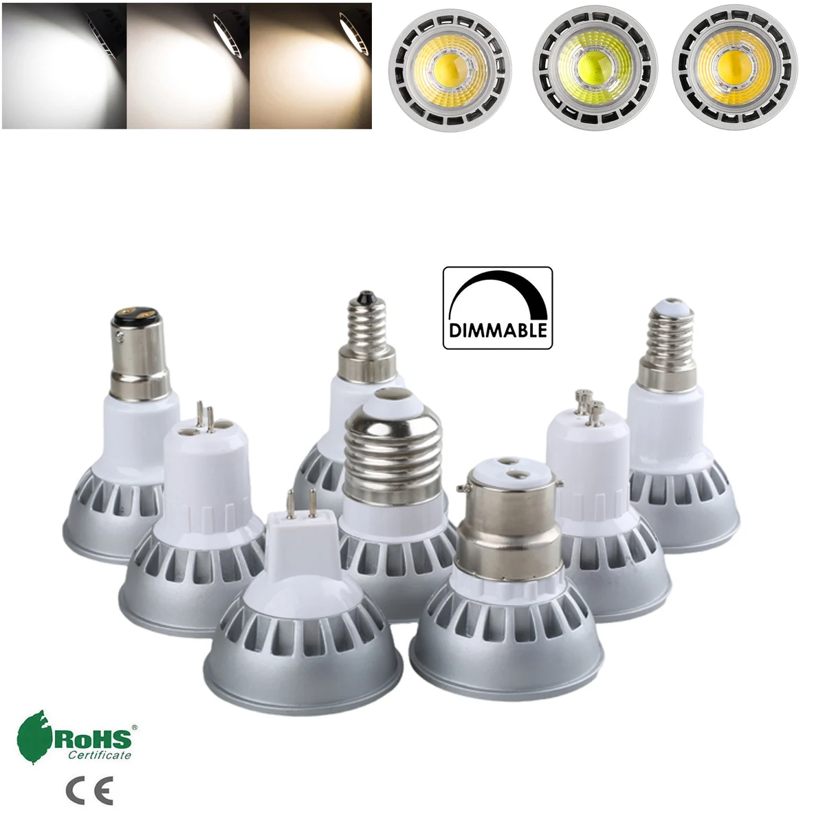 

36 Degree Beam Angle Dimmable 5W LED COB Spotlights Silver Lamp, E27 E12 GU10 MR16 GU5.3 AC 110V 220V DC 12V Energy Saving