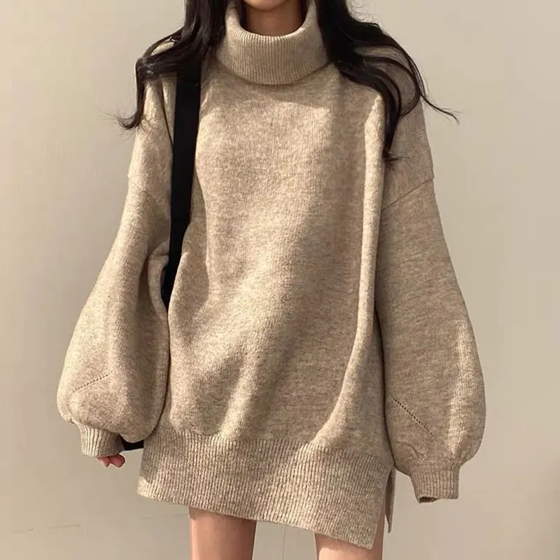 Chic Autumnal Versatile High Collar Loose Lantern Sleeve Side Slit mid Length Knitted Sweater for Women Commute Style Pure Color