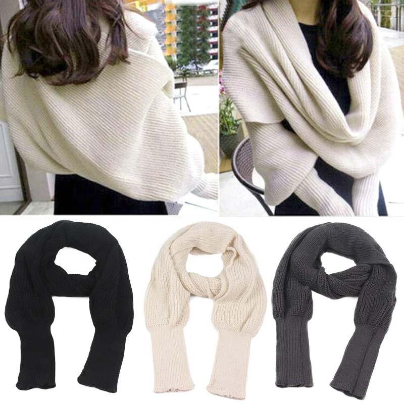 Solid Color Knitted Wrap Scarf Crochet Thick Shawl Cape With Sleeve Women Men Scarf With Sleeves Fashion Winter Keep Warm Casual