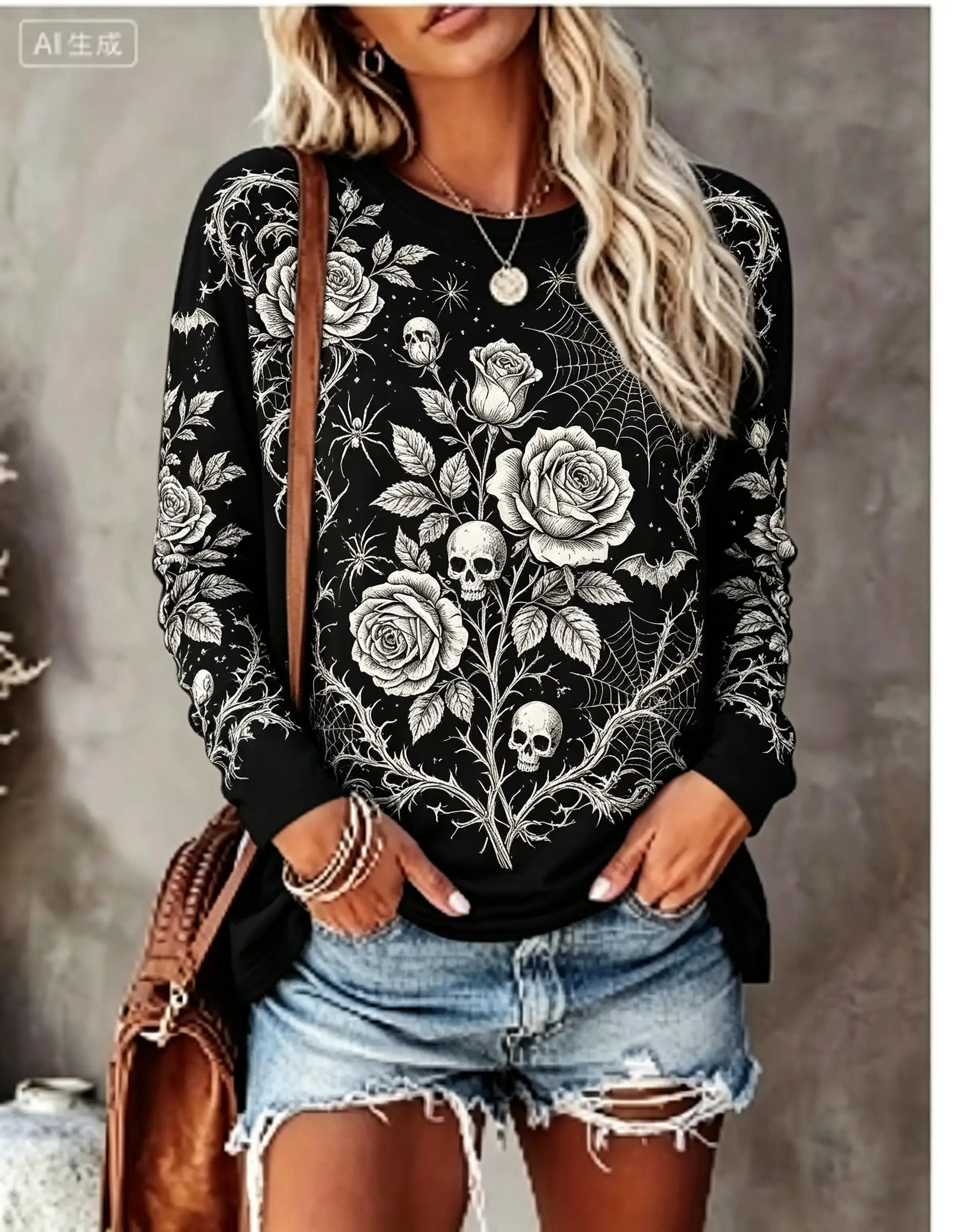 Women Halloween Long Sleeve T‑Shirt Spider Raven Blue Rose Tie‑Dye Gothic Print Crew Neck Tops - view 3