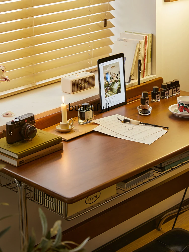 Mesa antiga de madeira maciça para casa, mesa simples de computador, aço inoxidável nórdico, mesa de escritório de apartamento pequeno, estilo retro