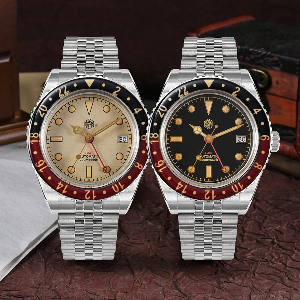 San Martin 40mm SN0005 Retro GMT NH34 Automatic Distressed Patina Dial Bi-color Sapphire Bezel Jubilee Mens Watches 20Bar Lume